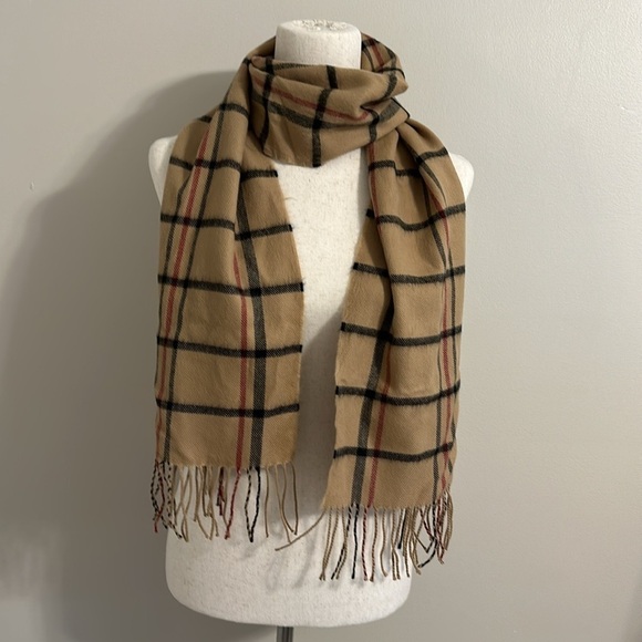 Plaid 100% Cashmere Scarf with Fringe Unisex Tan,Black,Red Quiet Luxury Preppy - Picture 1 of 7
